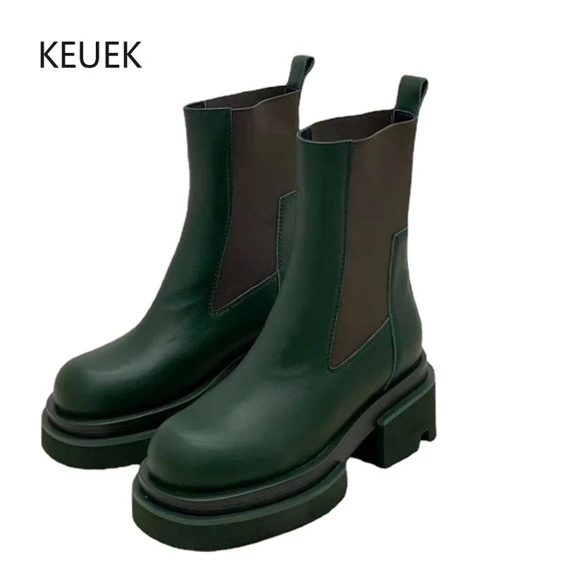 

New Design Women Chelsea Boots Genuine Leather Thick Sole Platform Height Increase Work Shoes Street British Motorcycle Boots 2C