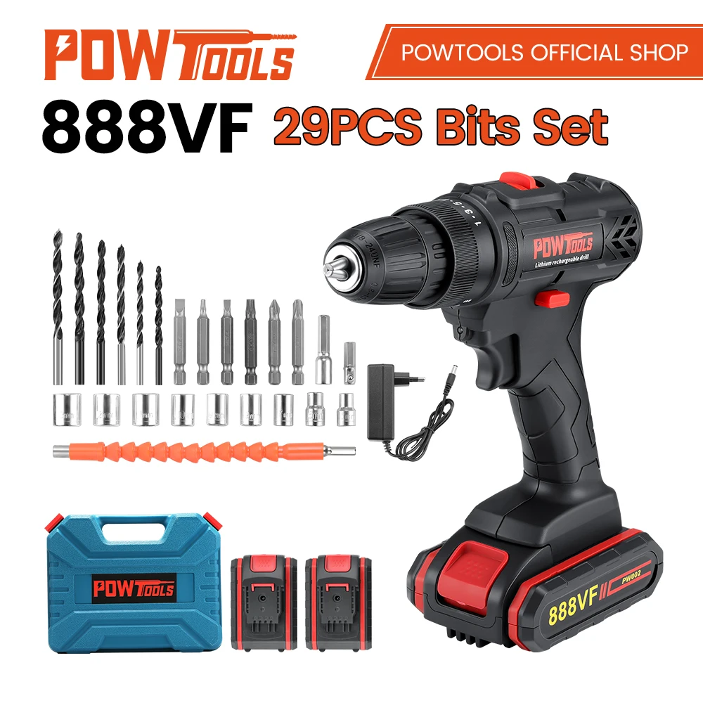 

POWTools Electric Drill Cordless Screwdriver Mini Wireless Lithium-Ion Battery 888VF Power Tools 25+1 Cordless Impact Drill Driv