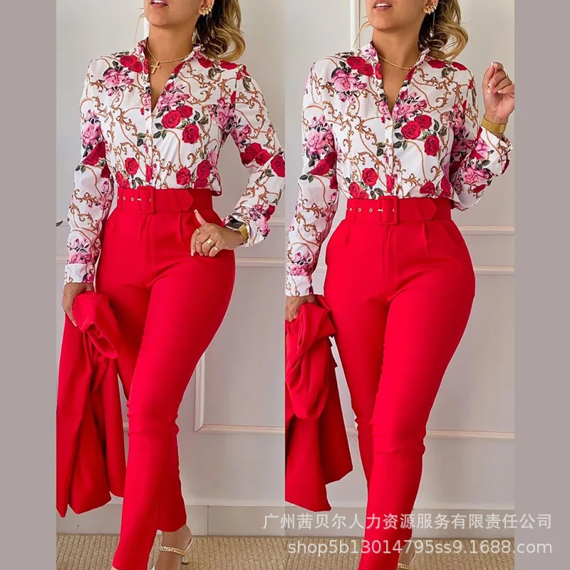 

2023 fall Women Shirt Pants Set Autumn Elegant Floral Printing High Waist Long Sleeve Two Piece suit Female Office Lady V Neck