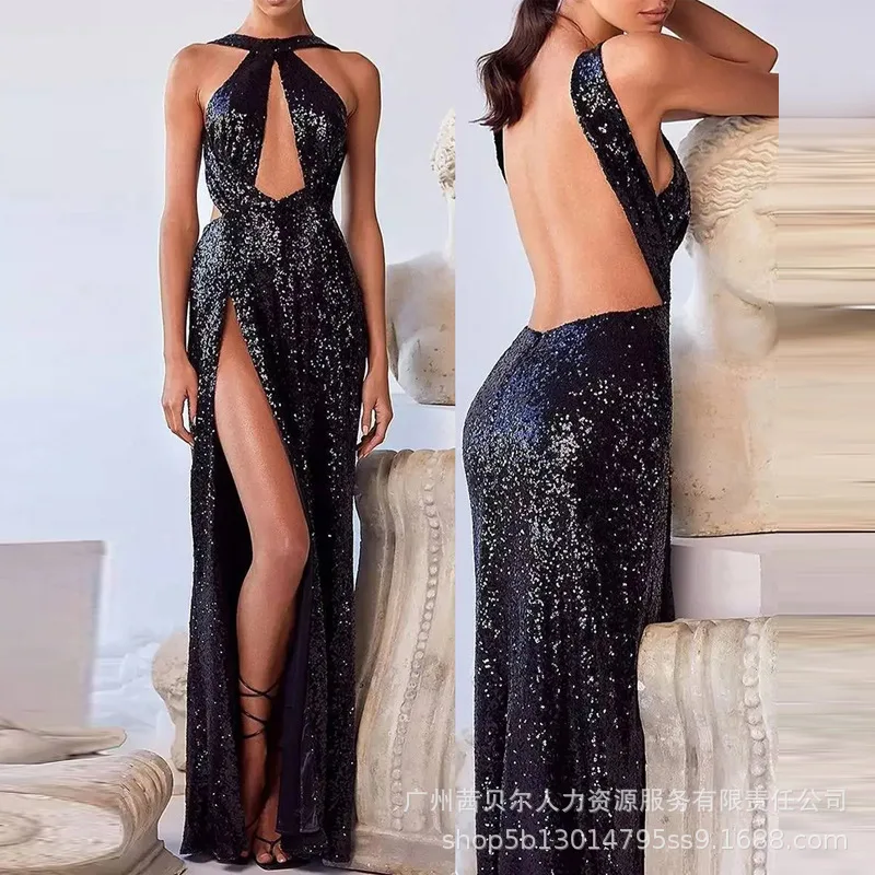 

Mandylandy Women Elegant Sequins Evening Dress Fashion Sexu Sleeveless Hollow Out High Waist Corset Halter Slit Party Dress