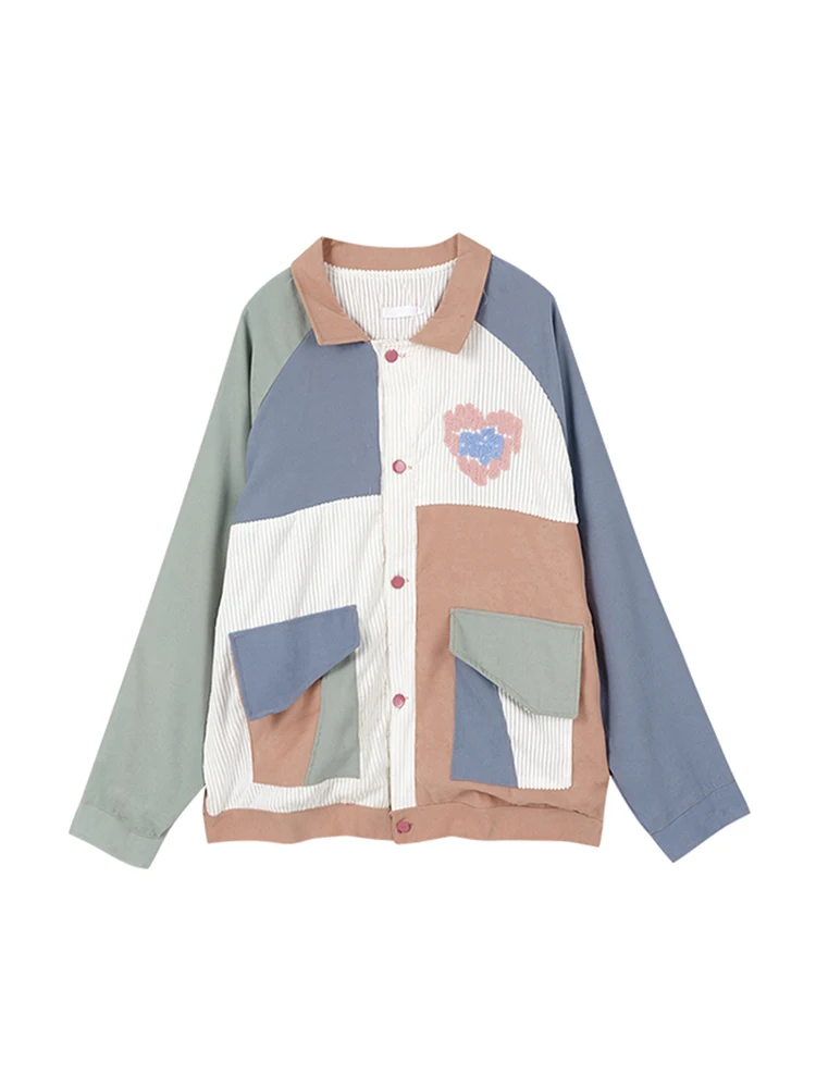 

2022 Autumn Women Jacket Heart Colorful Patchwork Streetwear Pockets Outwear Couple Casual Harajuku College Style Casual Coats