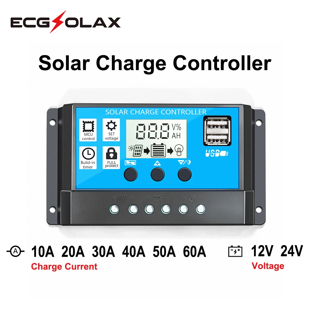 

PWM 60A 50A 40A 30A 20A 10A Solar Charge and Discharge Controller 12V 24V Auto LCD Solar Regulator with Dual USB 5V NEW