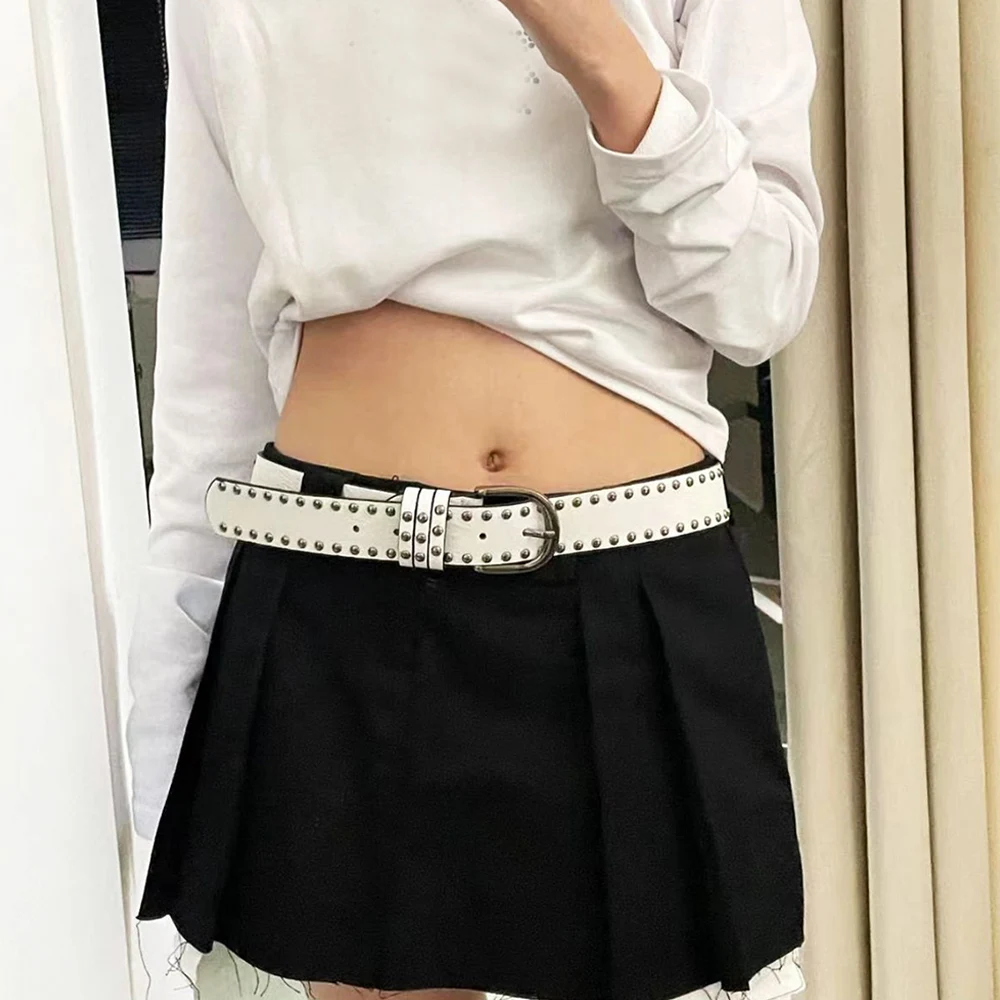 

Ремень кожаный с заклепками, широкий Готический пояс с классической пряжкой, регулируемая из сплава, для джинсов и платьев, Y2k