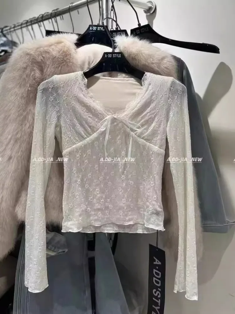 2024 Winter New Design Sense V-neck Lace Slim fit Slimming Versatile Bottoming Shirt Top Women Fashion