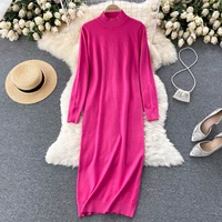 autumn 2021 womens temperament half high collar loose middle long sweater bottomed dress casual slim long sleeve knitted dress