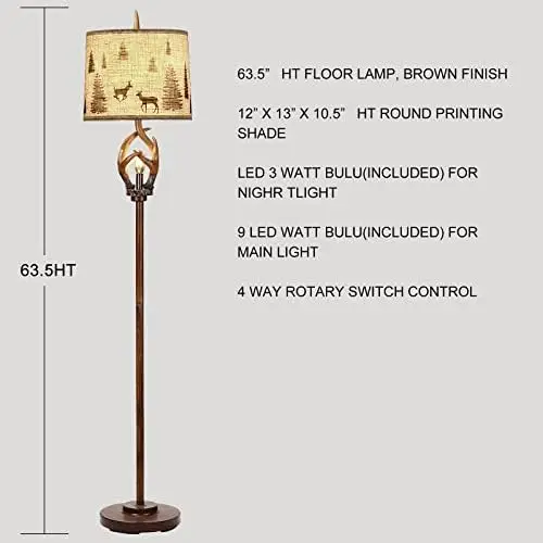 

Rustic Farmhouse Antlers Floor Lamp with Nightlight Brown Finish Round Shade Lamps for Living Room Bedroom Office Study House