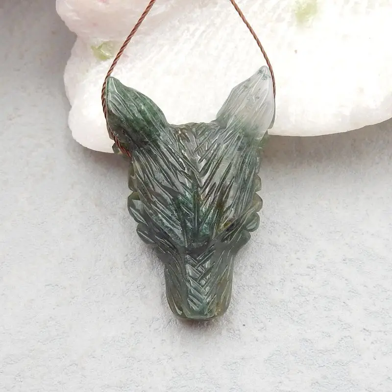 Ожерелье ручной работы из натурального Моха и агата с головой волка подвеска