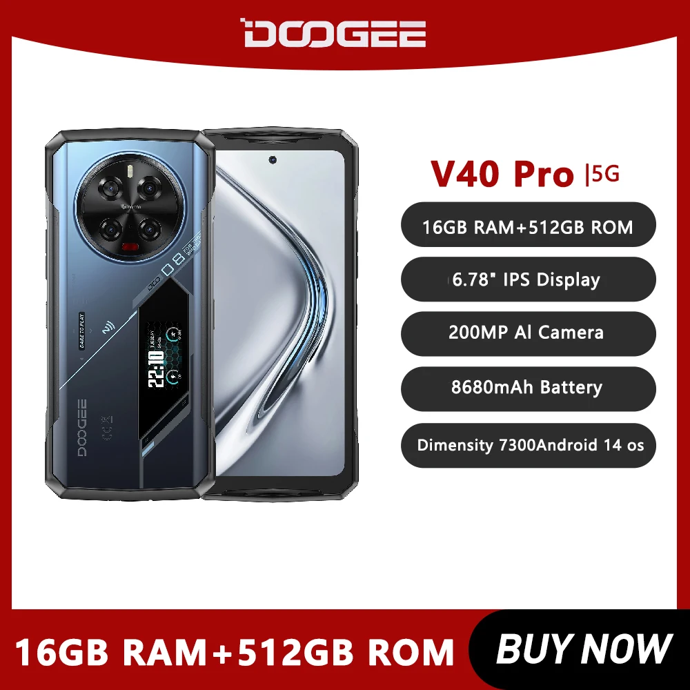 Прочный телефон DOOGEE V40 Pro дисплей 6 78 дюйма IP5 5G 16G6 512G6 размер 7300 4 нм 200 МП Al-камера 8680