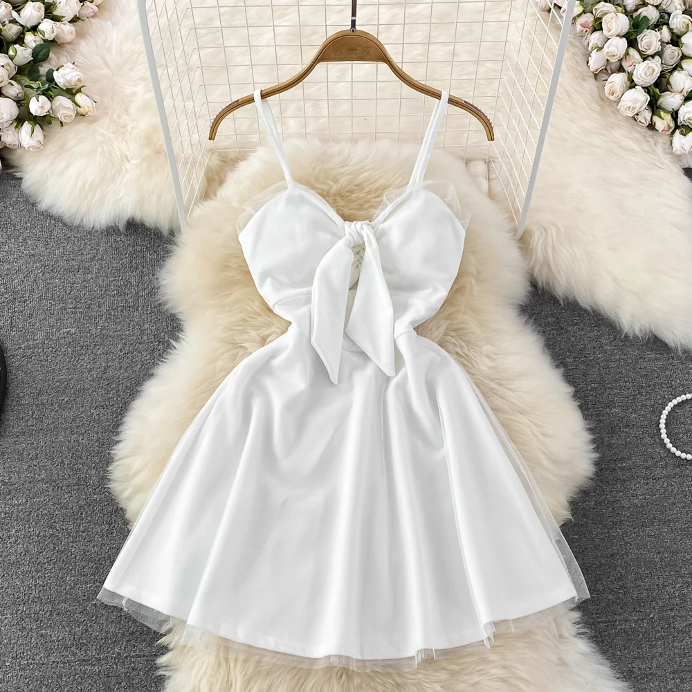 

Girls Sexy Lace Sling Dress Summer Women Mesh Stitch Backless Thin Strap Dress Waist Slim Sleeveless Short A-line Dress