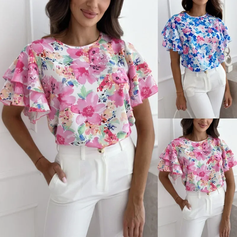 Новая летняя женская рубашка с круглым вырезом и принтом в виде листьев лотоса