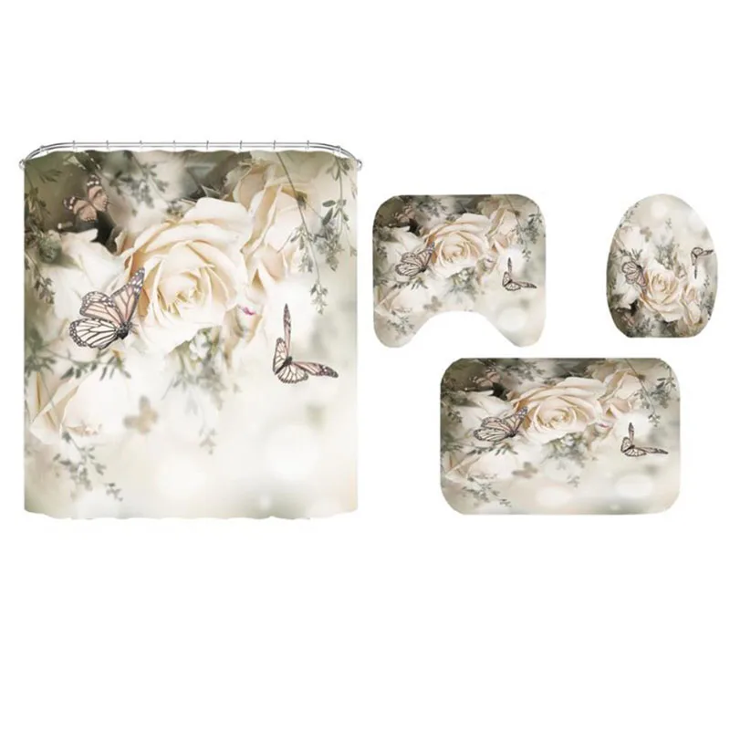 

Водонепроницаемые шторы для душа с рисунком, белые розы, бабочки, цветы, Фотофон для украшения ванны