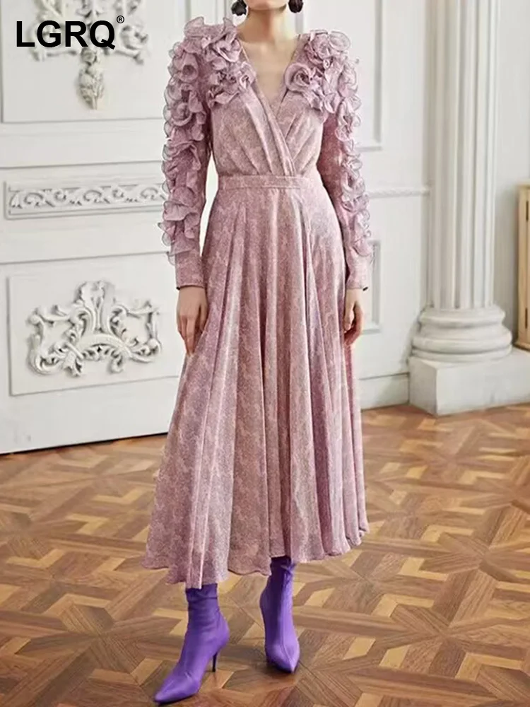 

LGRQ Fashion Sexy Dresses For Women New Solid V-neck Long Sleeve Ruffles Patchwork Party Dress Female Tide Summer 2023 19J3846