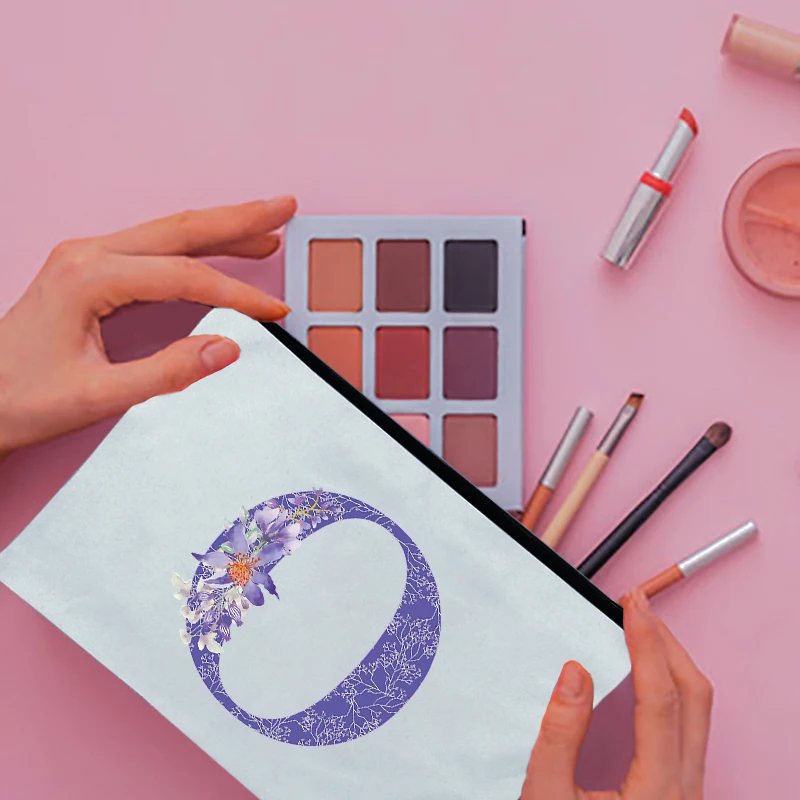 

Makeup Bag Purple Letter Flower Print Cosmetic Case Women Toiletries Organizer Female Storage Pouch Ladies Clutch Gifts Bags