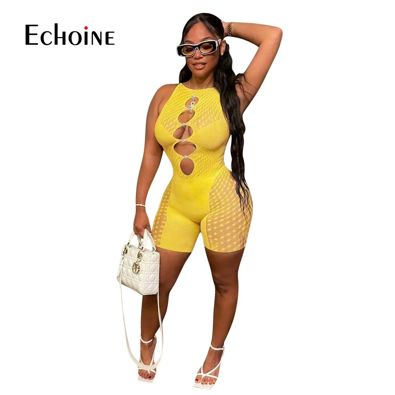 Женский сетчатый комбинезон в горошек без рукавов |