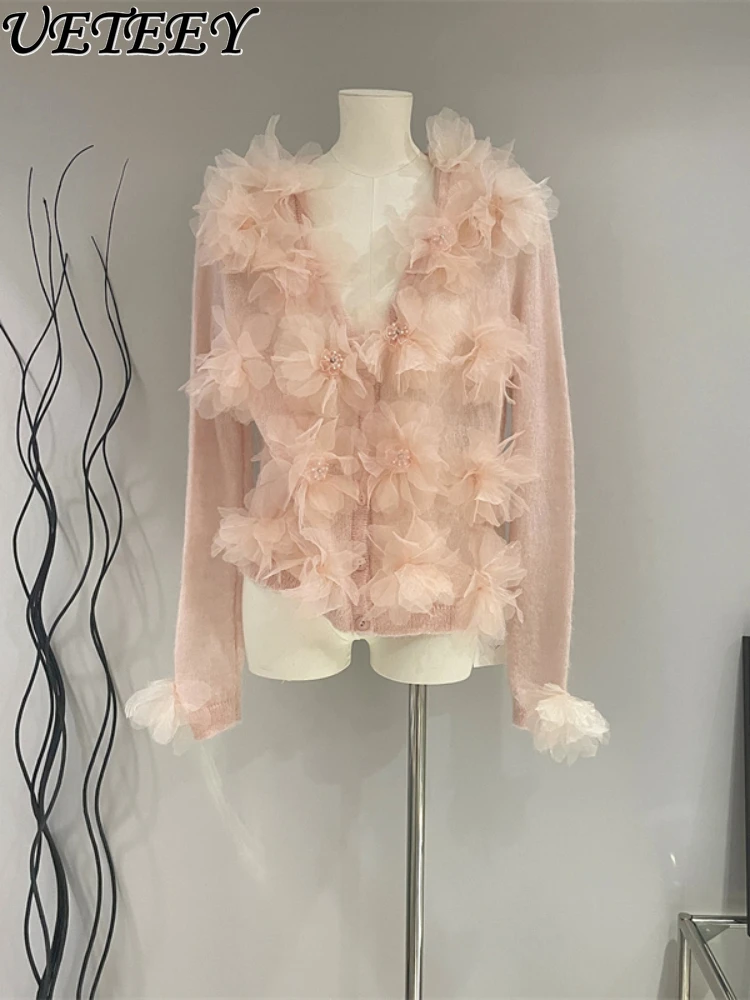 

Женский однобортный трикотажный свитер, универсальный эластичный свитер с V-образным вырезом и длинным рукавом, украшенный бусинами, осень 2023