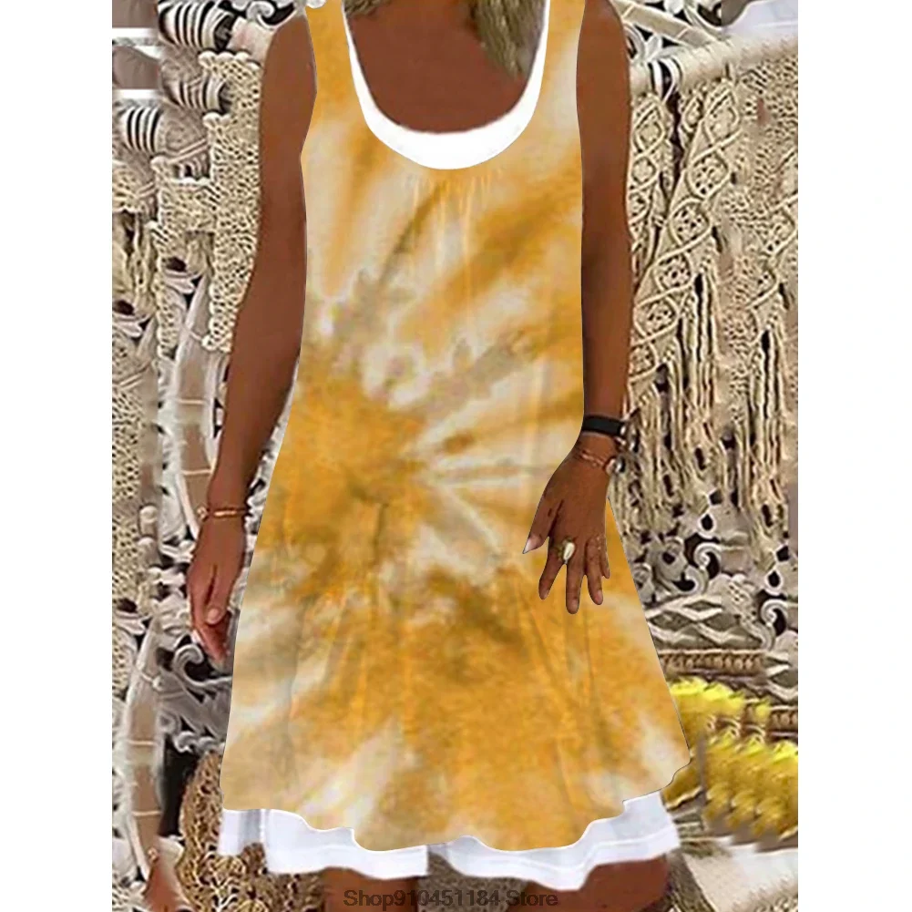 

U-neck Loose Printed A-line Beach Dress Casual Tie-dye Printed Loose Dress Elegant Fake Two Piece Sleeveless Tank Beach Dress