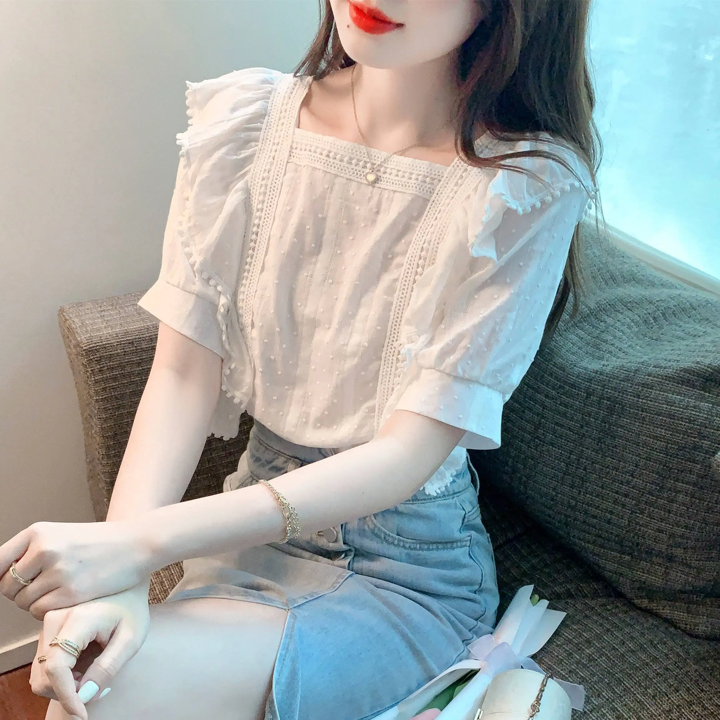 

COIGARSAM Blouse Women Summer 2022 New Ruffles Short Sleeve Chiffon Square Collar Blusas Womens Tops And Blouses Dropshipping