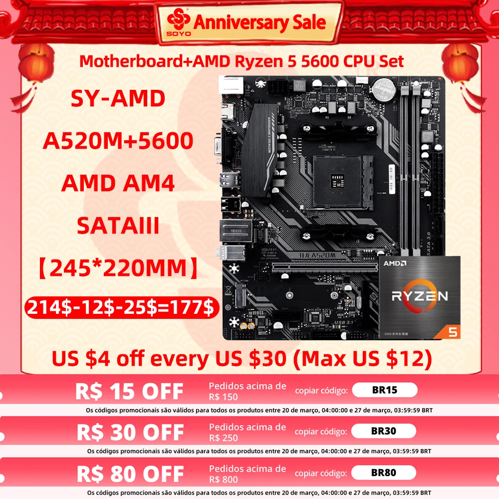 

Материнская плата SOYO New Dragon A520M с комплектом процессоров Ryzen 5 5600 [без кулера], комплект игровой материнской платы M.2 NVME DDR4