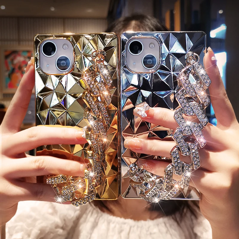 

Square Rhombus Plating Case for IPhone 13 11 Pro Max Phone Case Women with Bracelet for IPhone 12 11 Rhinestone Wristband Case