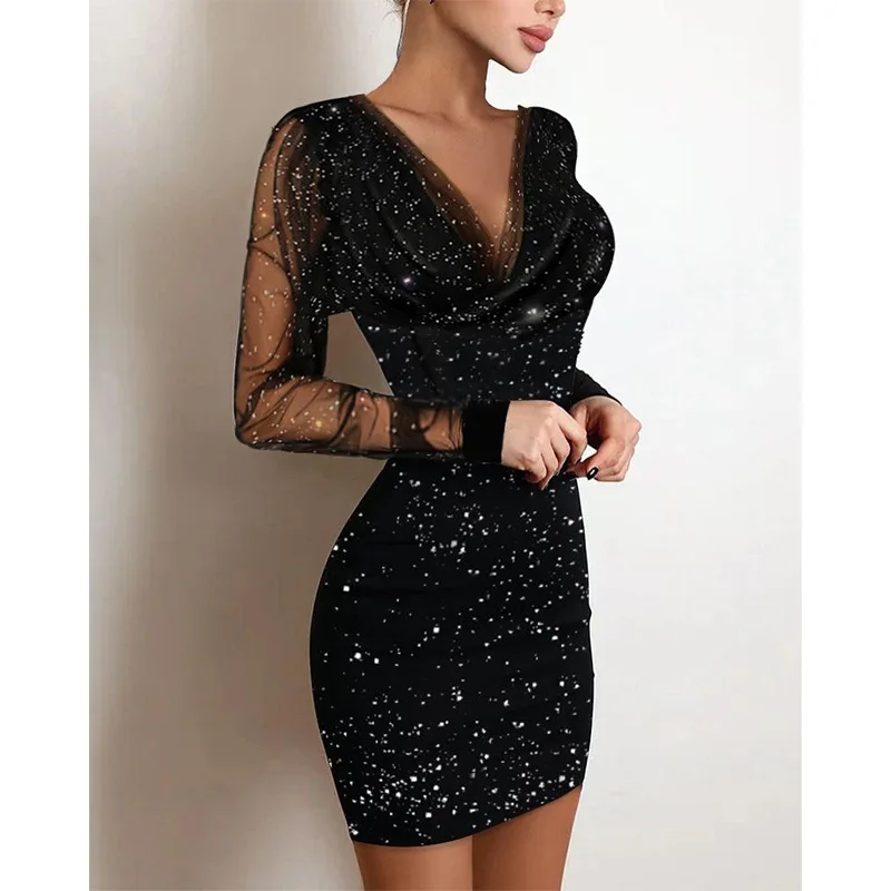 

Black Dresses Women Summer 2022 New Fashion Gauze Dusting Powder and Inlaid Diamond Waist Tight Wrap Hip Dress