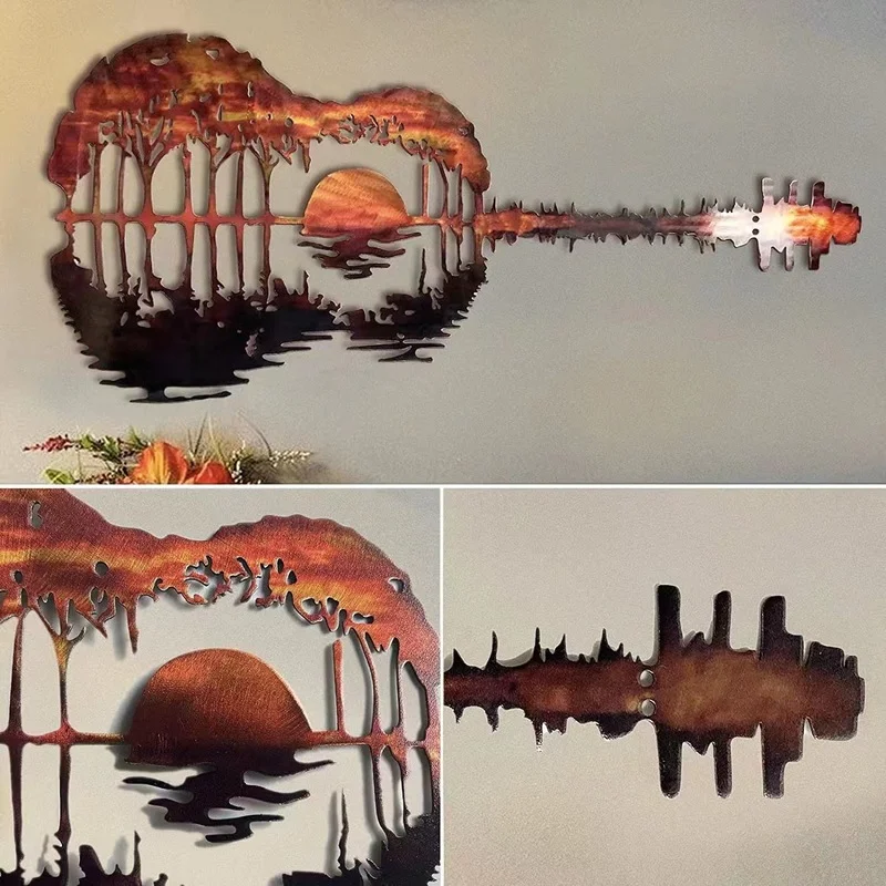 

Dark Gold Metal Abstract Guitar Ornament Iron Art Decoration Craft 3D Lake Reflection Home Decorations for Wall Desk Decoration