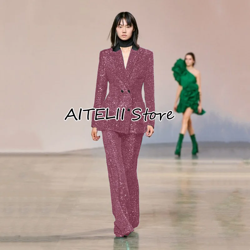 Women's Suits 2 Piece Set Sexy Sequins Retro Spike Collar Slim Fit Double Breasted Floor Length Trousers For Casual Party Jacket