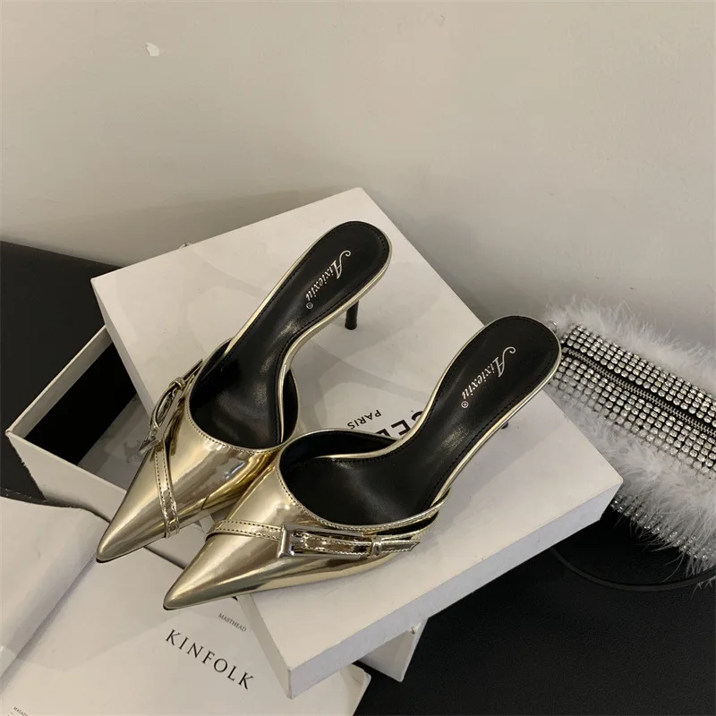 Женская обувь с острым носком на тонком каблуке. Женские шлепанцы. Роскошные Мюли