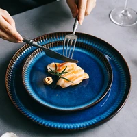 creative ceramic plate nordic blue stripe flat plate domestic western ceramic plate