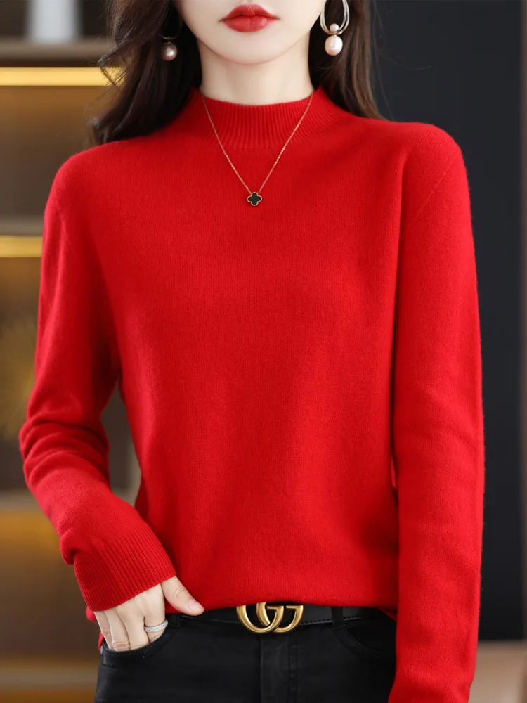

Aliselect High Quality 100% Merino Wool Women Knitted Basic Sweater Mock-Neck Long Sleeve Pullover Autumn Clothing Jumper Top