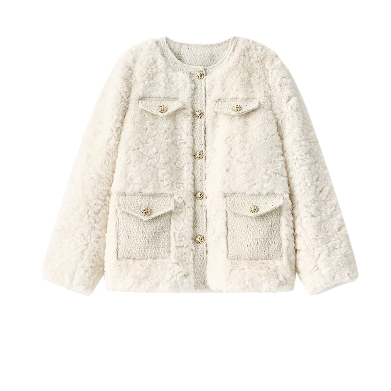 SHUCHAN Faux Fur  Coats for Women  Thick Warm Fur  High Street  Spliced  Winter  O-Neck  Single Breasted  Wide-waisted