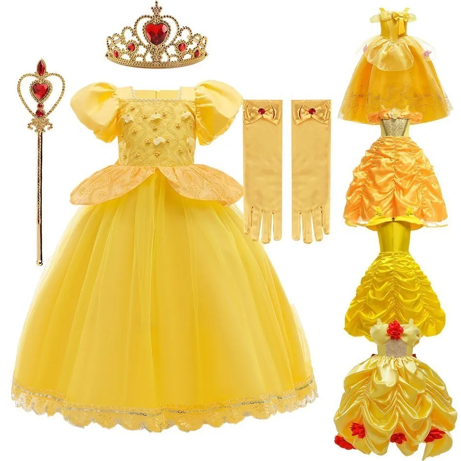 Girl Princess Dress Beauty And Beast Cosplay Costume Belle Praty Yellow Luxury Wedding Ball Gown Kid Carvinal Fancy Clothes