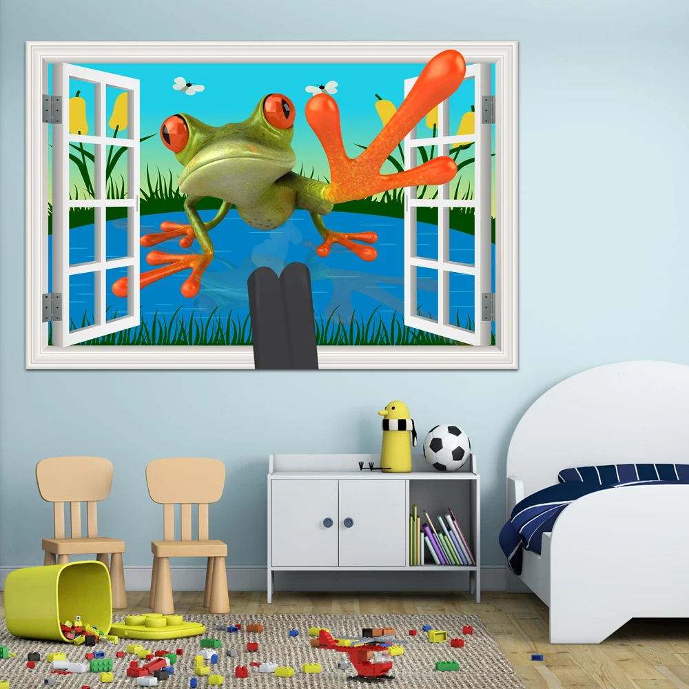 3D Window View Sticker Cartoon Dinosaur Panda Frog Wall Art Home Decor Stickers For Kids Rooms Wallpaper Poster And Prints