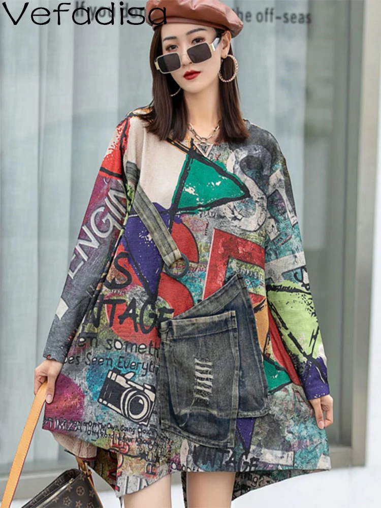 

Vefadisa Women Long Sleeves Pullover Sweater Loose Leisure Printing Denim Splicing Pocket Irregular Sweater 2023 Autumn LHX1354