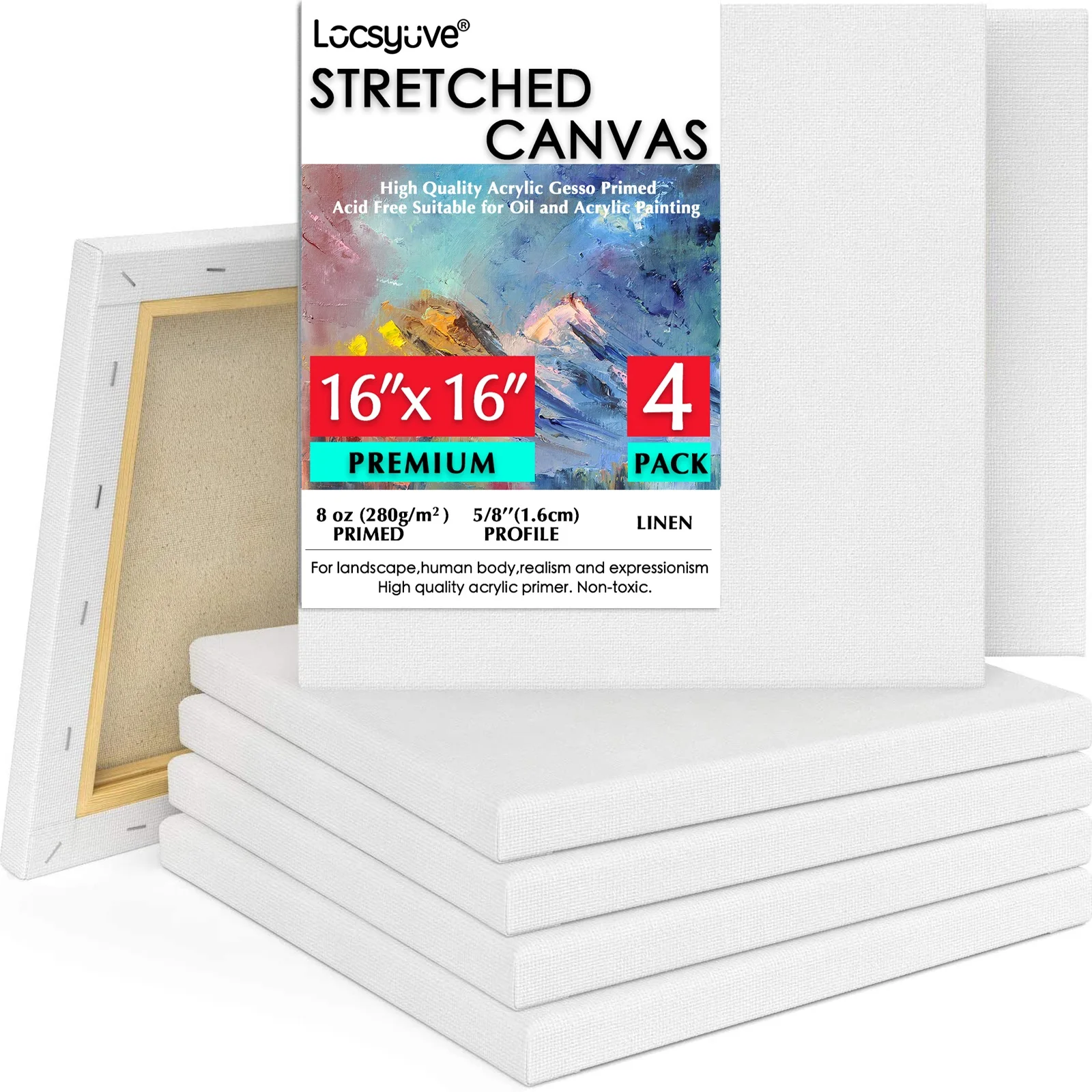 Locsyuve 16x16 Inch Stretched Canvas, 100% Linen, 8 Oz Primed 4-Pack, Professional White Blank Canvas for, Acrylic, Oil Paint