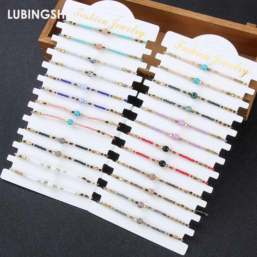 

Boho 12pcs/set Natural Stone Rice Bead Charms Bracelets Adjustable Braided Bracelet Anklet Women Girl Wristband Cuff Jewelry