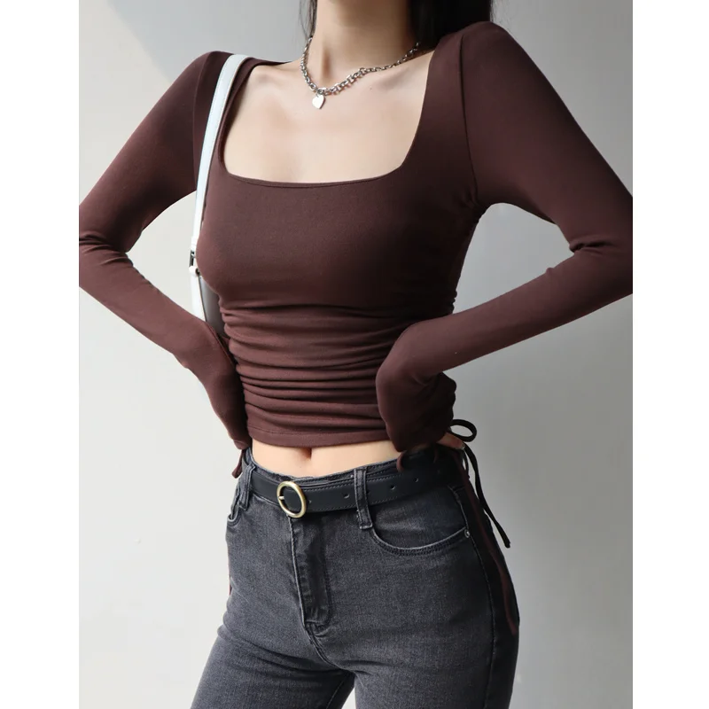 

Sexy Hot WOMEGAGA Girl Style Square Neck Side Drawstring Lace Up Long Sleeve T-Shirt Women's Solid Color Slim Folds Top JW7U