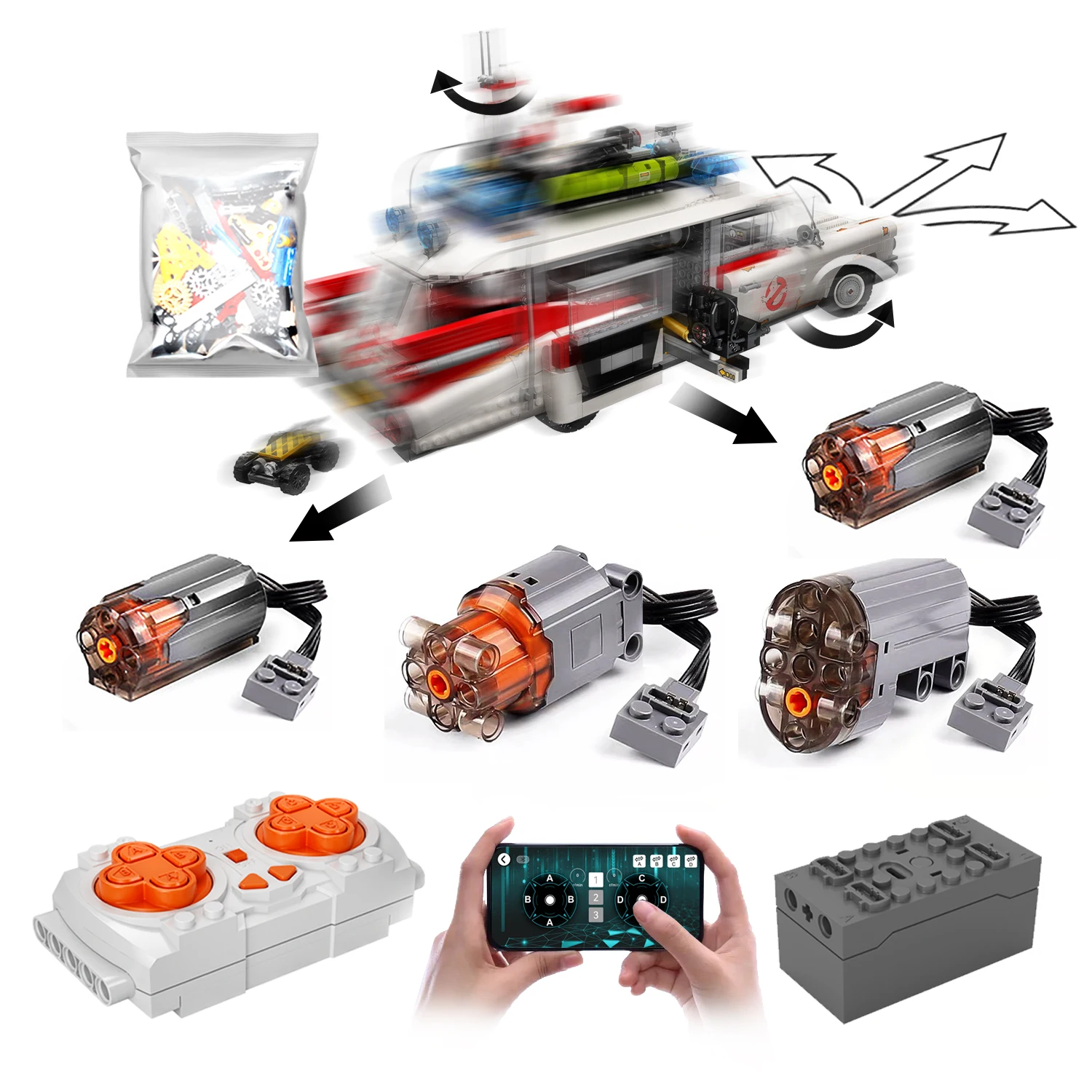 Фото Моторизованный двигатель для LEGO Icons Мисливцы за привидениями ECTO-1 10274 — не включает игрушечную модель, только моторная система MOC (10274-моторизованная) №1