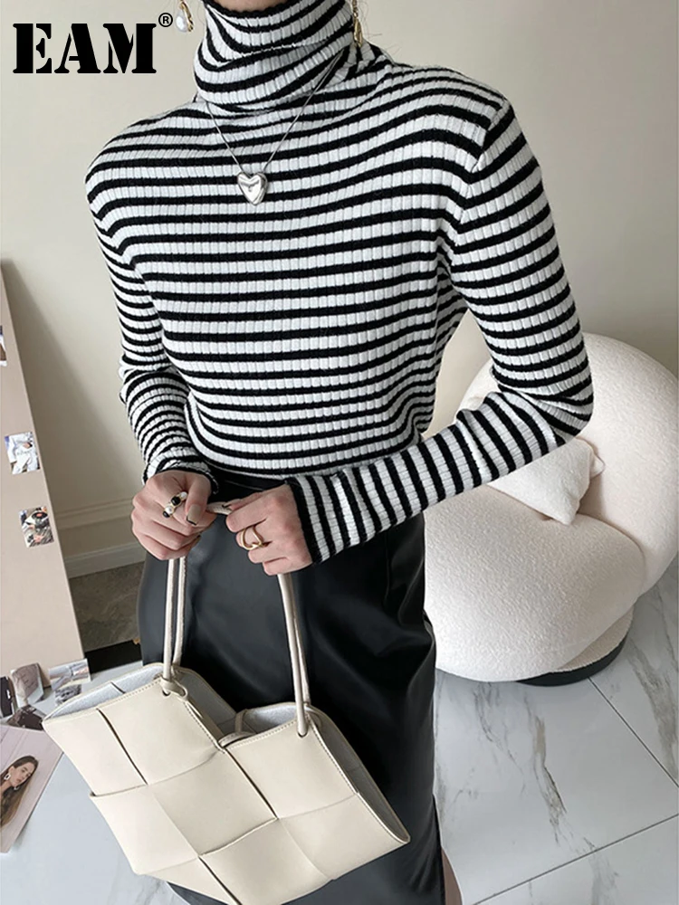 

[EAM] Женская Черная облегающая трикотажная футболка с высоким эластичным воротником, новая модная Водолазка с длинным рукавом, весна-осень ...