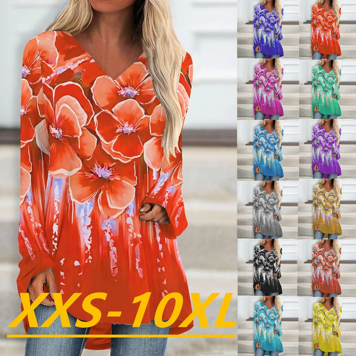 

Autumn/Winter 2022 Fashion Women's Printed V-Neck Long Sleeve Casual Plus Size Top XXS-10XL