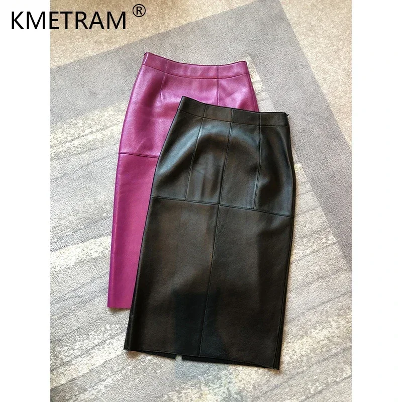 Женское платье из натуральной кожи с завышенной талией простое разрезом женское