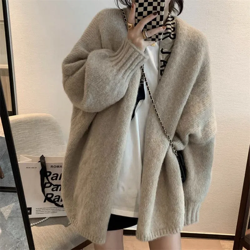 

Autumn Winter Mid-length Raccoon Hair Long-sleeved Knitted Cardigan Jacket Thick Sweater Women's Outer Korean Gentle