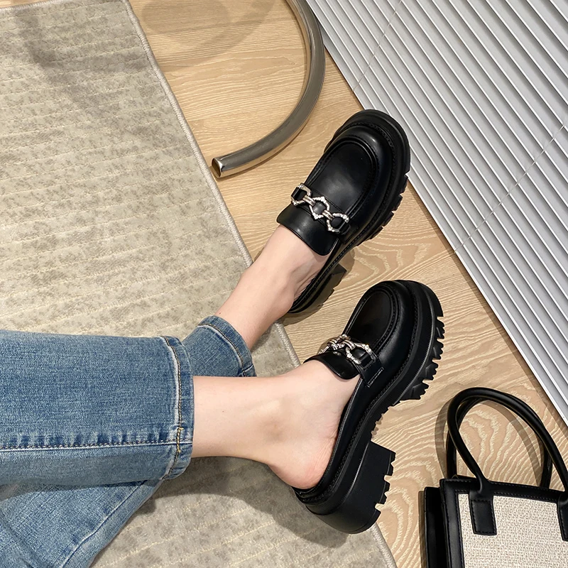

Chunky Heels Mules Woman Platform Slippers Metal Decoration Round Toe Pump Shallow Slip on Heighten Shoes Punk Sandalias Mujer