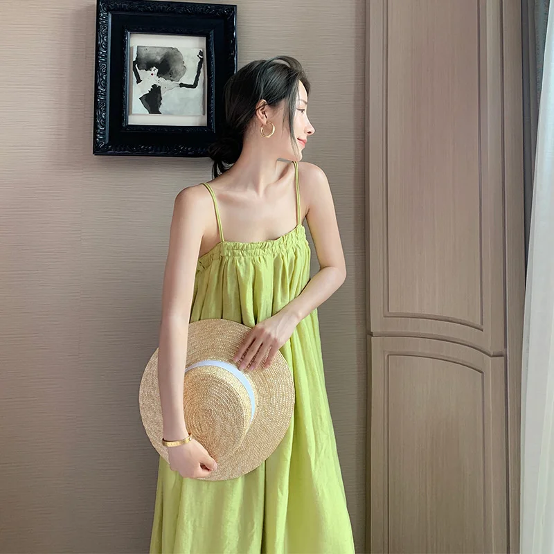 

Holiday Style Green One Line Neck Suspender Dress Women's Double Shoulder Straps Loose Long Dress Outdoor Party Beach Dress