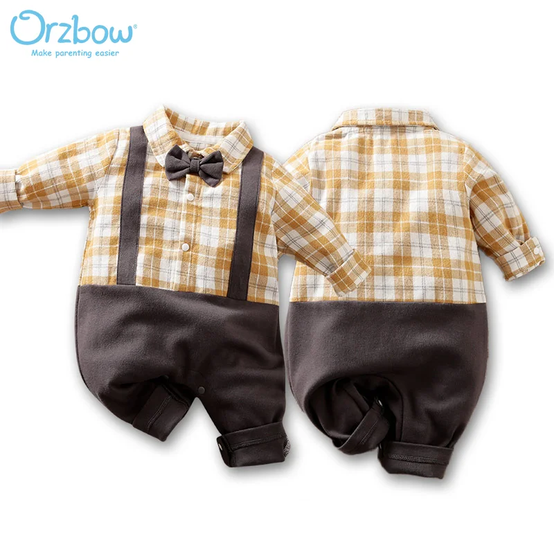 

Orzbow Newborn Infant Baby Boy 100% Cotton Graceful Faux-two Long Sleeve Striped Jumpsuit Bodysuit Romper