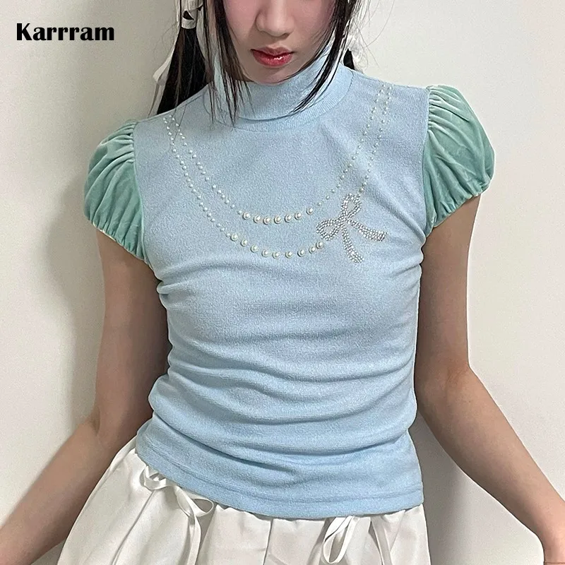 

Karrram Y2k Aesthetics Tops Japanese Harajuku Pearl Diamond T-shirt Grunge Fairycore Patchwork Tshirt Vintage Puff Sleeve Tees