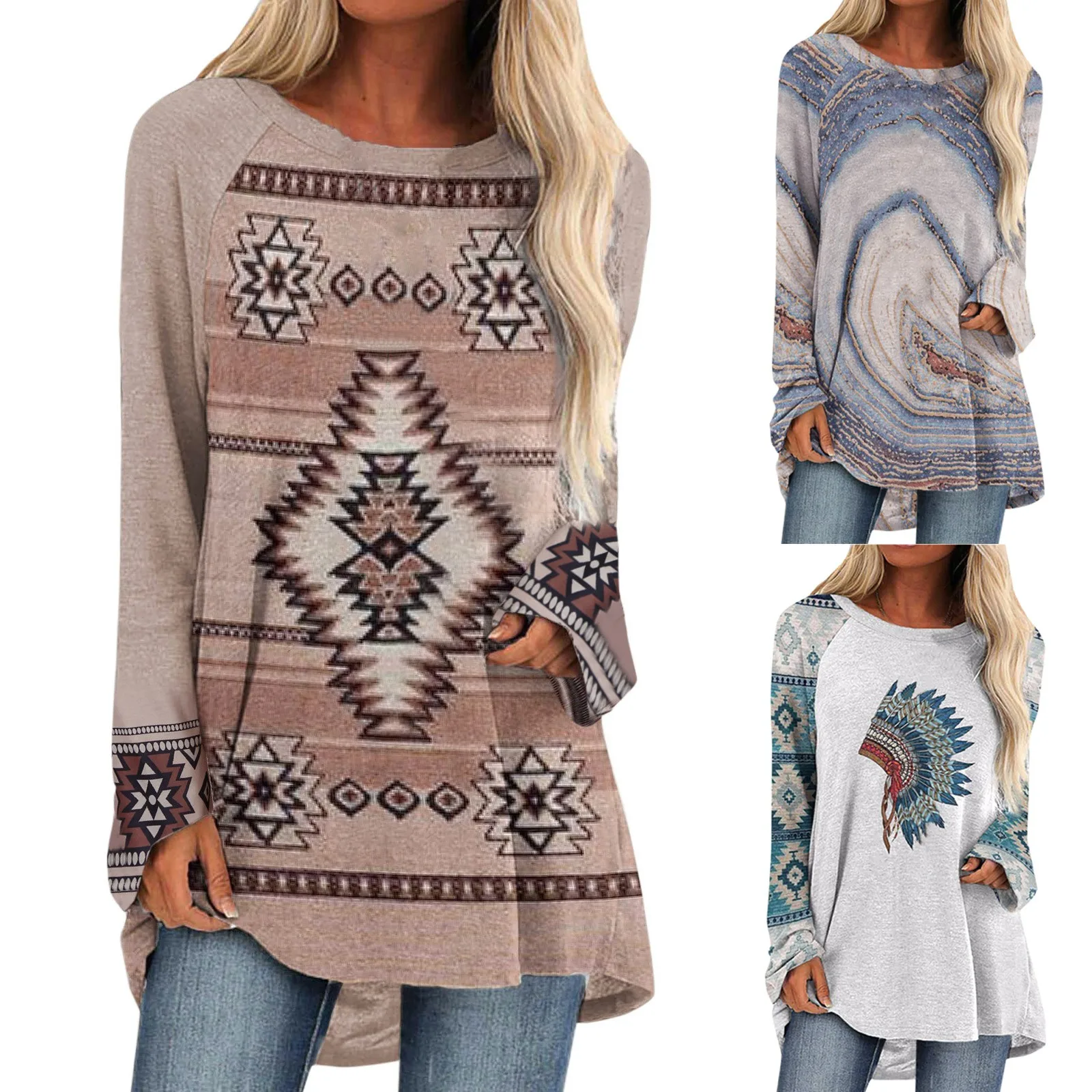 

Women's 2022 Bohemian Theme Geometric T Shirt Tribal Aztec Geometric Print Round Neck 3d Print Ethnic Vintage Blusas Shirt Tops
