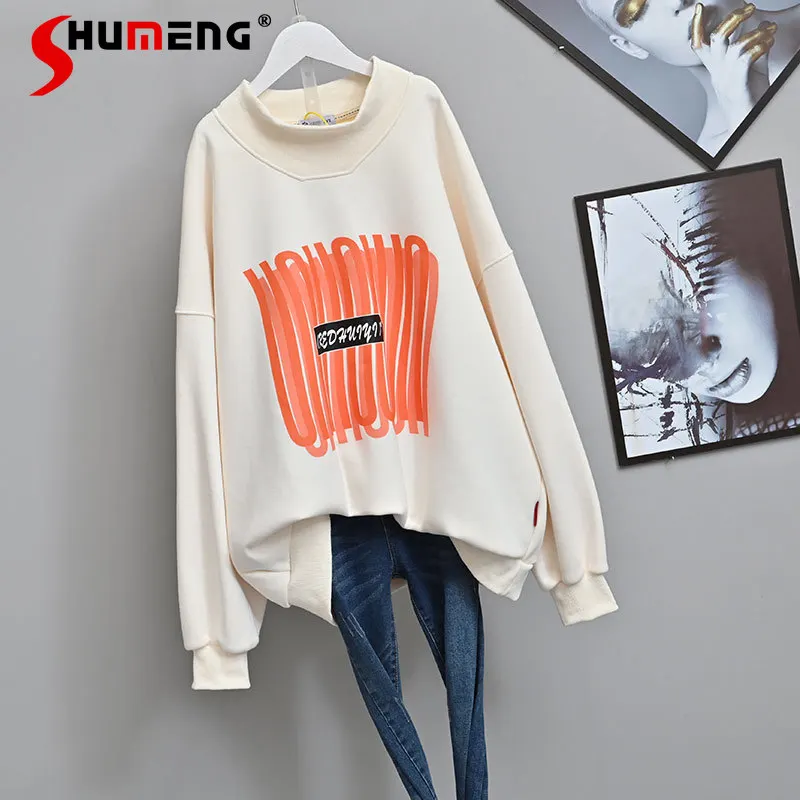 

New Female Loose Mock Neck Sweatshirt Women's 2022 Winter Korean Ins Fashion Oversized Top Simple Fleece-Lined Pullover Hoodie