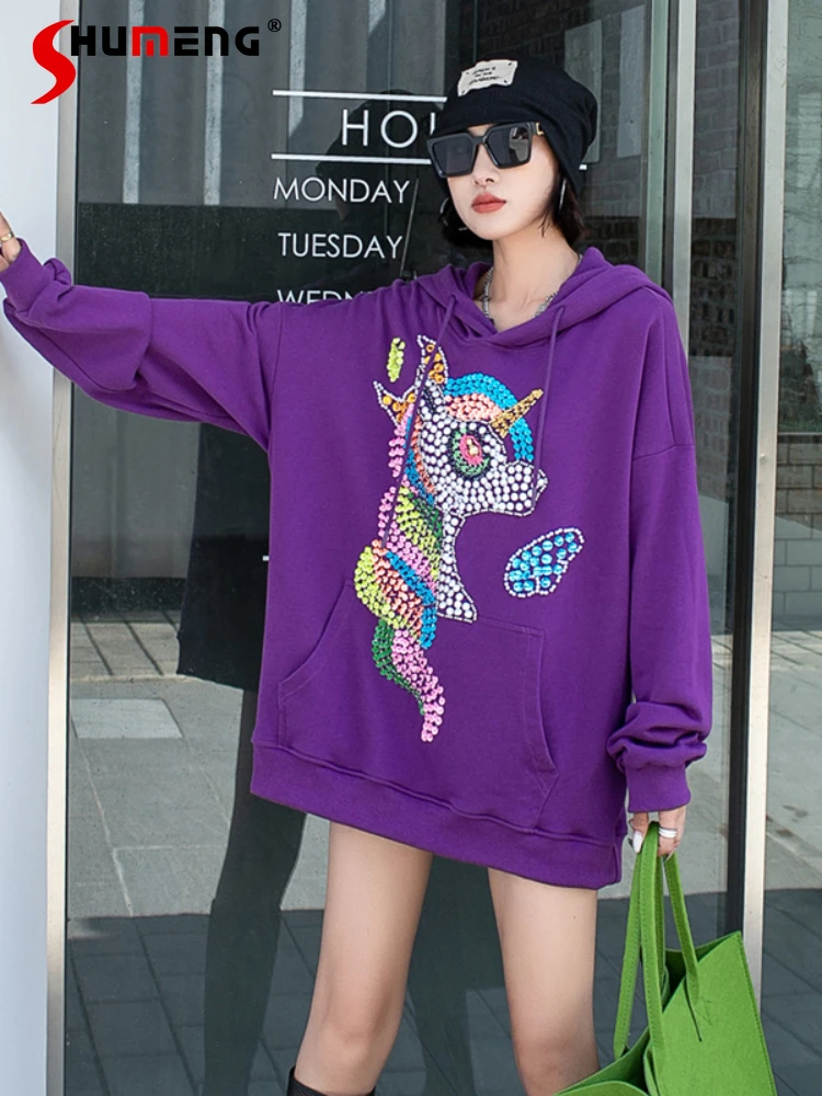 Streetwear Woman Oversized Anime Hoodie Beautiful Color Beaded Hooded Sweatshirt Loose Cartoon Pullover Mid-Length Sweat 2022
