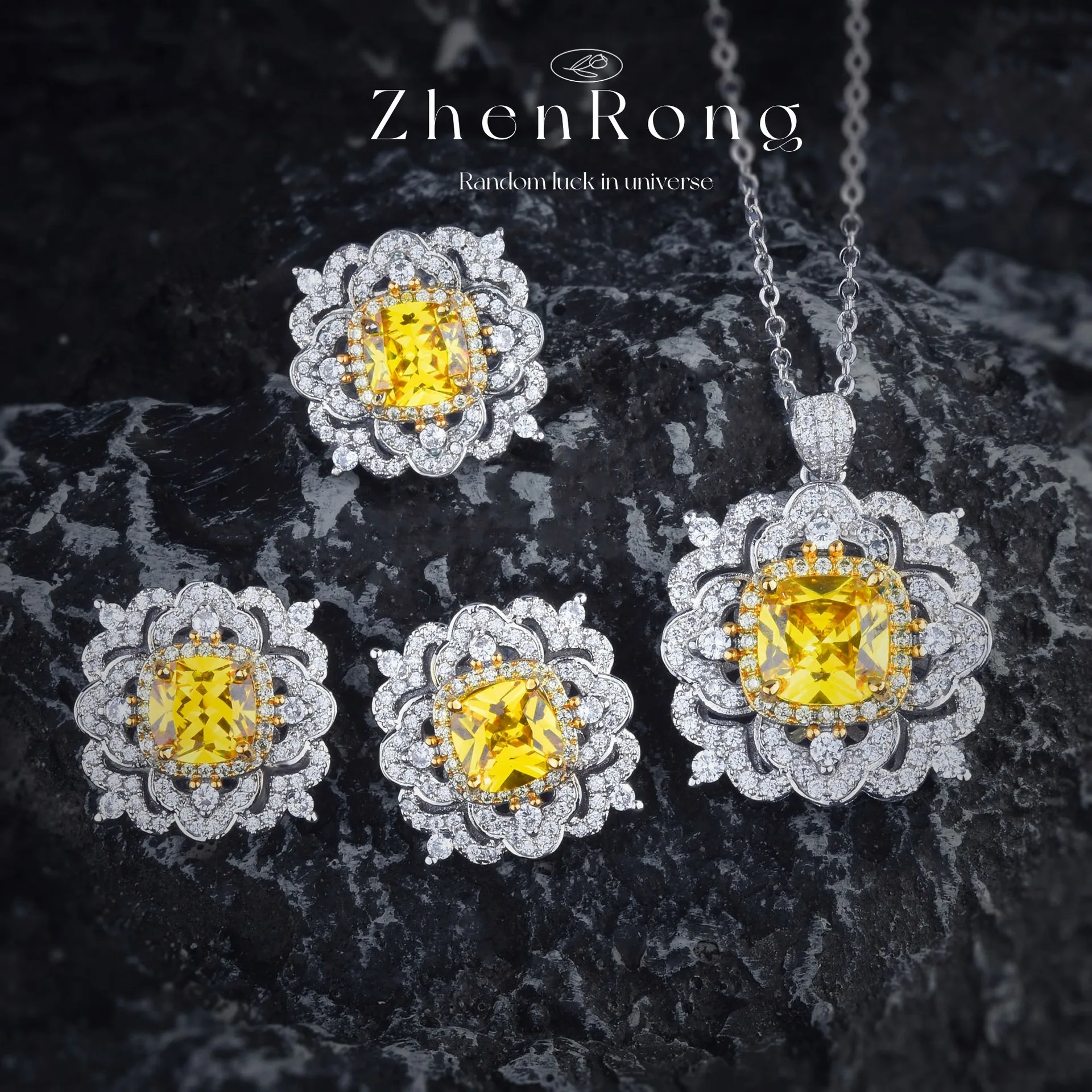 

Silver Color Women Jewelry Sets Full Diamond Yellow AAAA Shiny Zircon Pendant Necklaces Rings Earrings Women's Bridal Jewelry