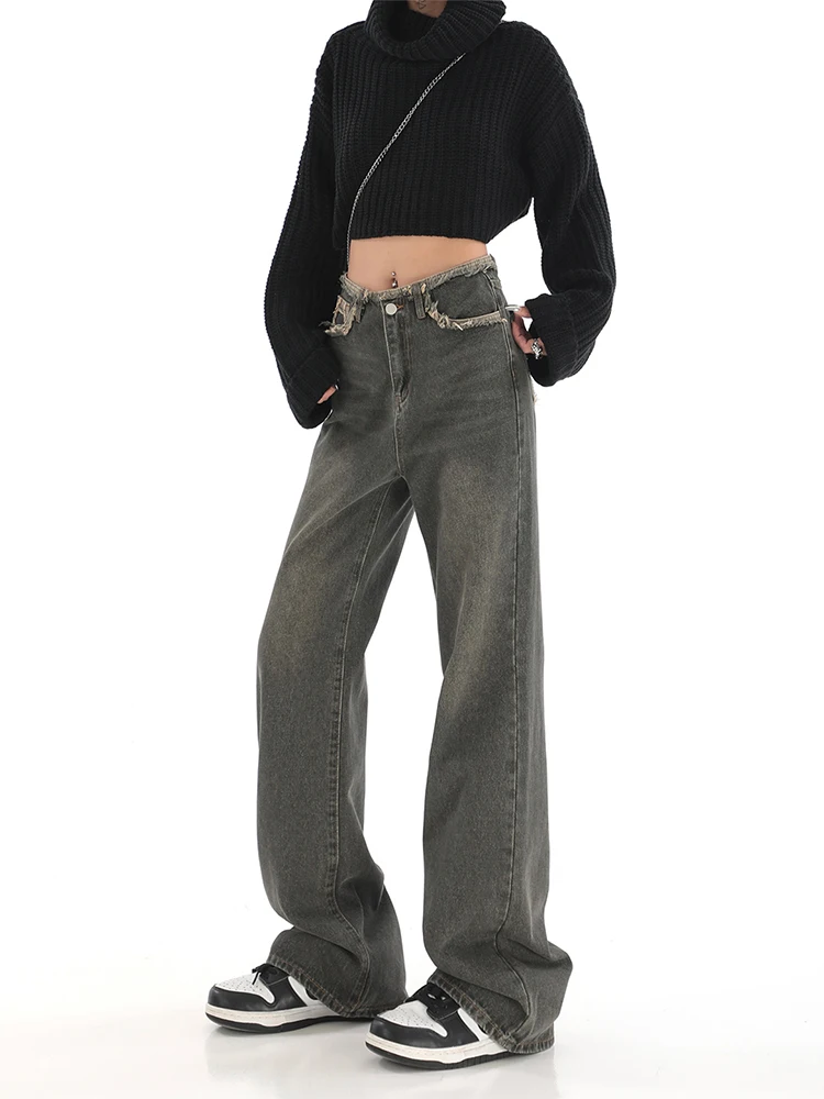 

Women Autumn Winter New Retro Wash Gradient Tassel Denim Pants High Waist Loose Wide Leg Female Jean Trousers 2022 Harajuku Chic